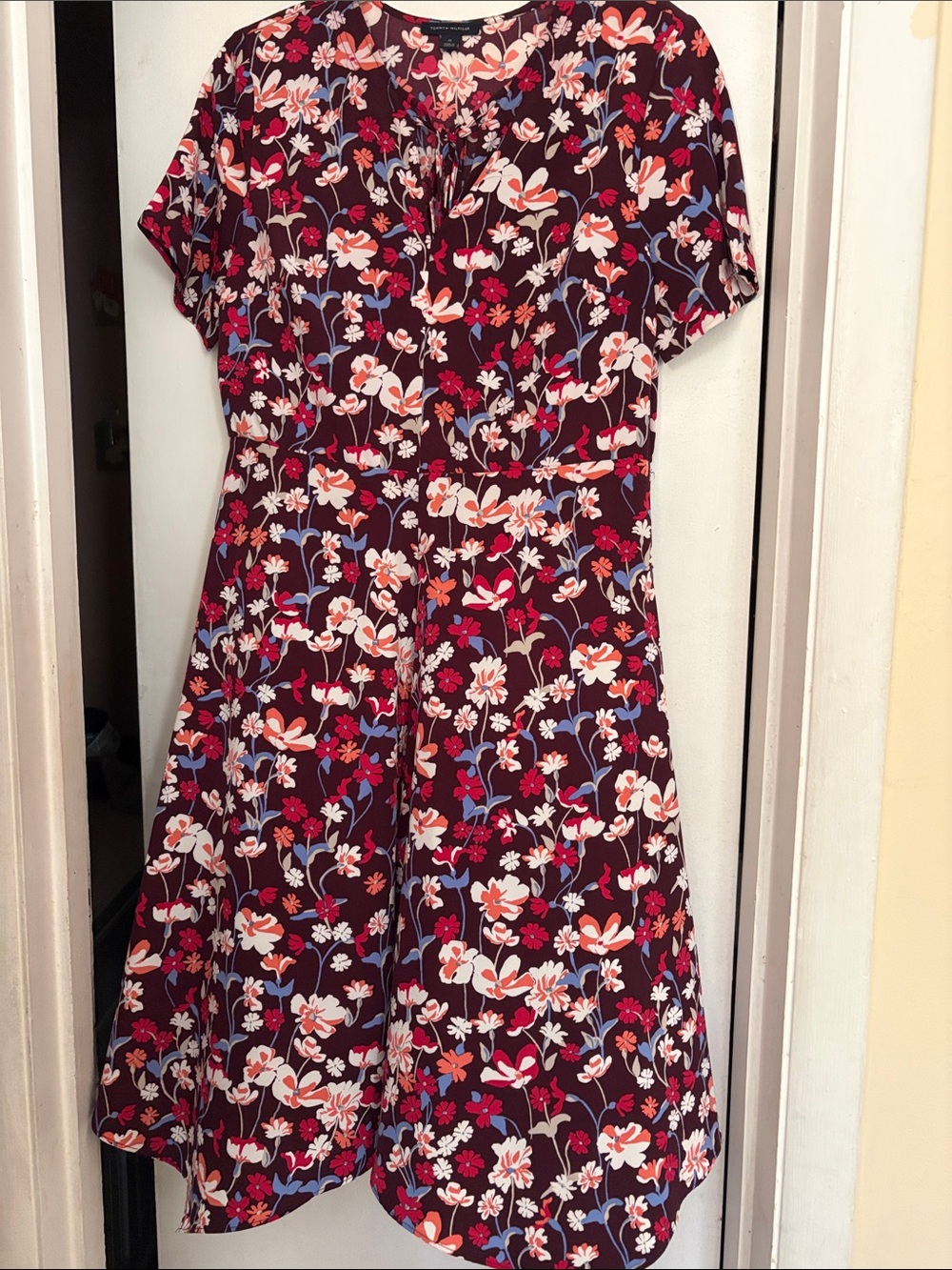TOMMY HILFINGER Floral Fit & Flare Dress in Burgundy, size 10.